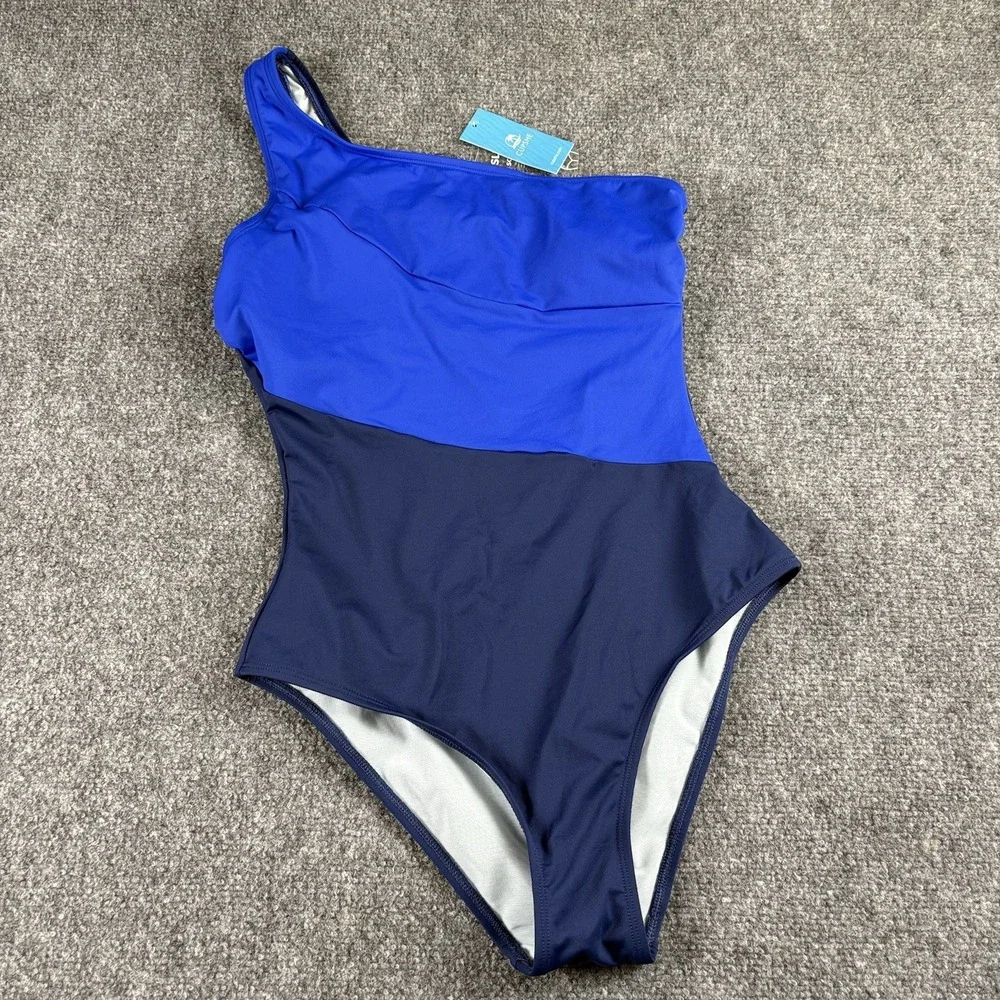 Cupshe One Piece Swimsuit Women's M Blue Colorblock One Shoulder Slim Sculpt NWT